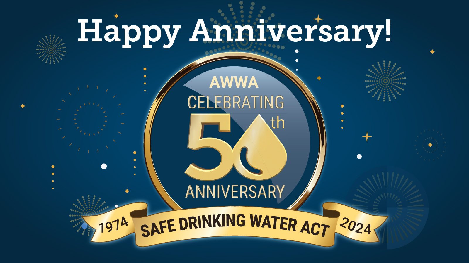 A graphic the celebrates 50 years of the Safe Drinking Water Act. It features a round logo with the words, AWWA Celebrating 50th Anniversary, Safe Drinking Water Act, 1974-2024.
